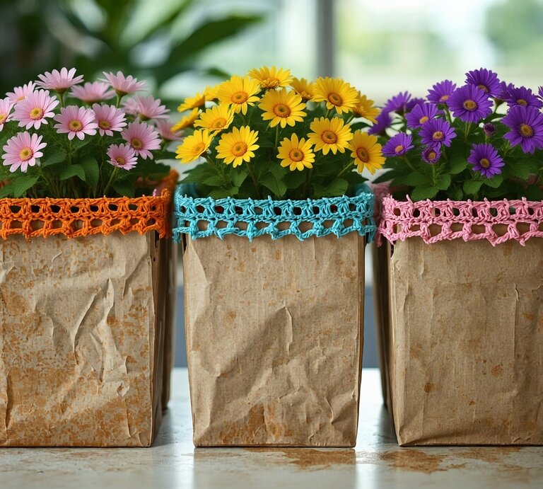 Drei kleine Blumenarrangements in Tetra Paks mit farbigem Häkelbordüren, dekorativ vor grünlich verschwommenem Hintergrund. | © Canva / AI [M]