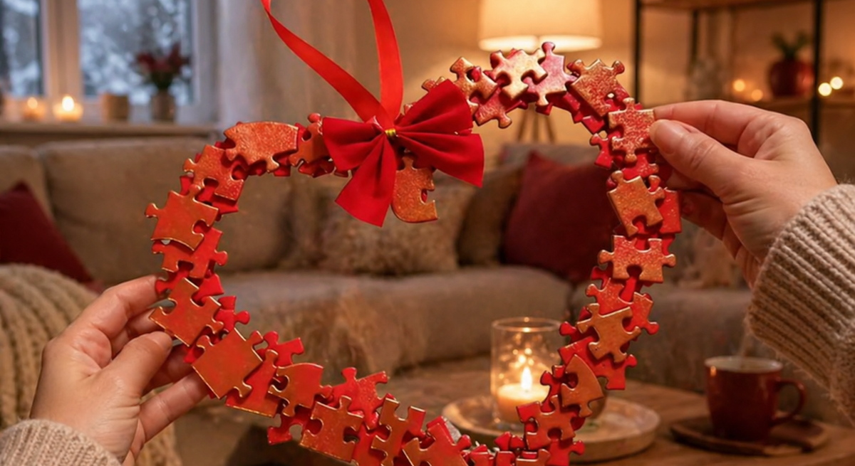 Herzförmiger Türkranz aus roten Puzzleteilen mit Schleife wird in einem gemütlich beleuchteten Wohnzimmer vor Sofa und Kerzenlicht in die Kamera gehalten.