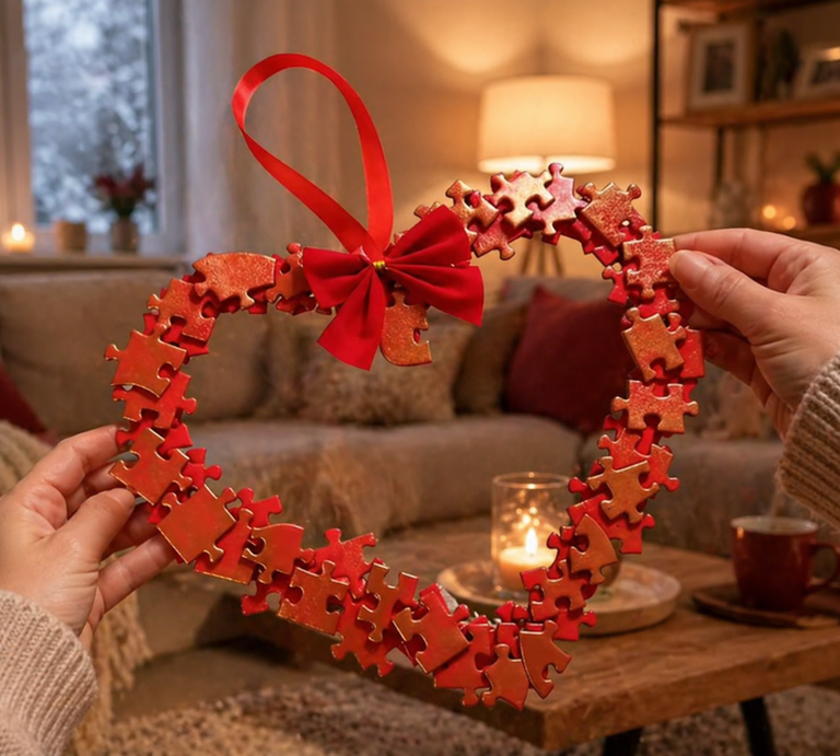 Herzförmiger Türkranz aus roten Puzzleteilen mit Schleife wird in einem gemütlich beleuchteten Wohnzimmer vor Sofa und Kerzenlicht in die Kamera gehalten. | © Erstellt mit KI (Generiert mit ChatGPT) 