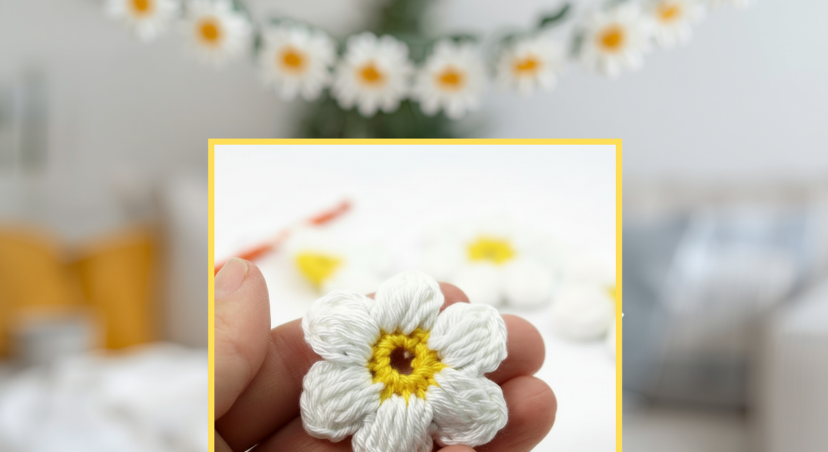 Hand hält kleine gehäkelte Blume mit weißen Blütenblättern und gelber Mitte, im Hintergrund unscharf weitere Blumen und Wohnraum.