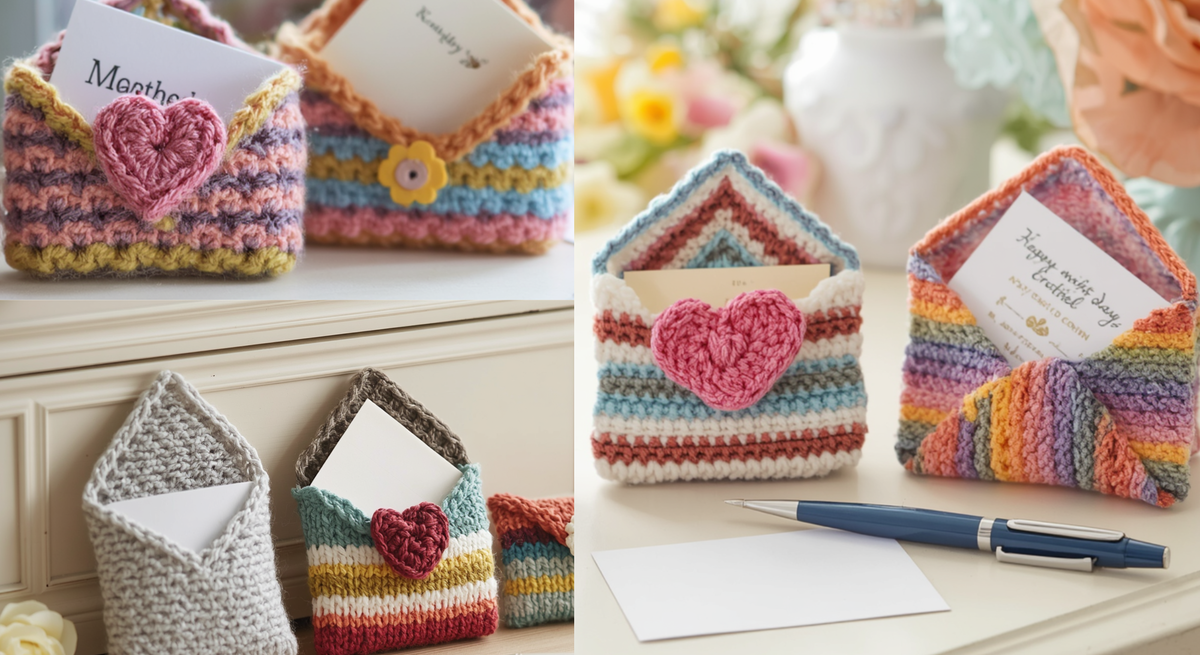 Bunte gestrickte Umschläge mit Herz-Applikationen, gefüllt mit Karten, dekorativ arrangiert auf einem Tisch mit Blumen im Hintergrund.