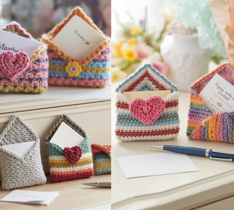 Bunte gestrickte Umschläge mit Herz-Applikationen, gefüllt mit Karten, dekorativ arrangiert auf einem Tisch mit Blumen im Hintergrund. | © Canva / AI [M]