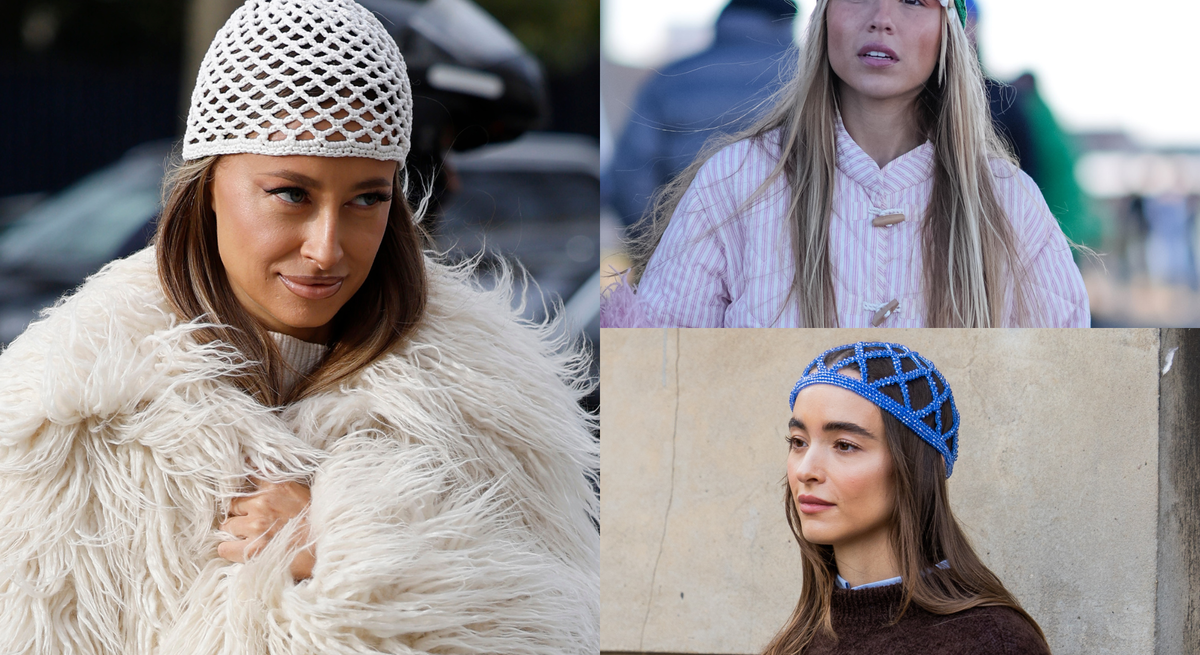 Eine Collage aus drei Frauen in eleganten Outfits, mit gehäkelten oder perlenbesetzten Hüten in Weiß, Grün und Blau, jeweils vor urbanem Hintergrund.