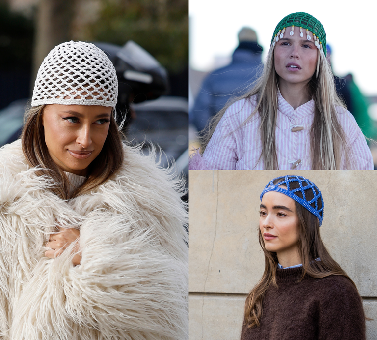 Eine Collage aus drei Frauen in eleganten Outfits, mit gehäkelten oder perlenbesetzten Hüten in Weiß, Grün und Blau, jeweils vor urbanem Hintergrund. | © Getty Images / Christian Vierig, Edward Berthelot, Claudio Lavenia und Canva [M]