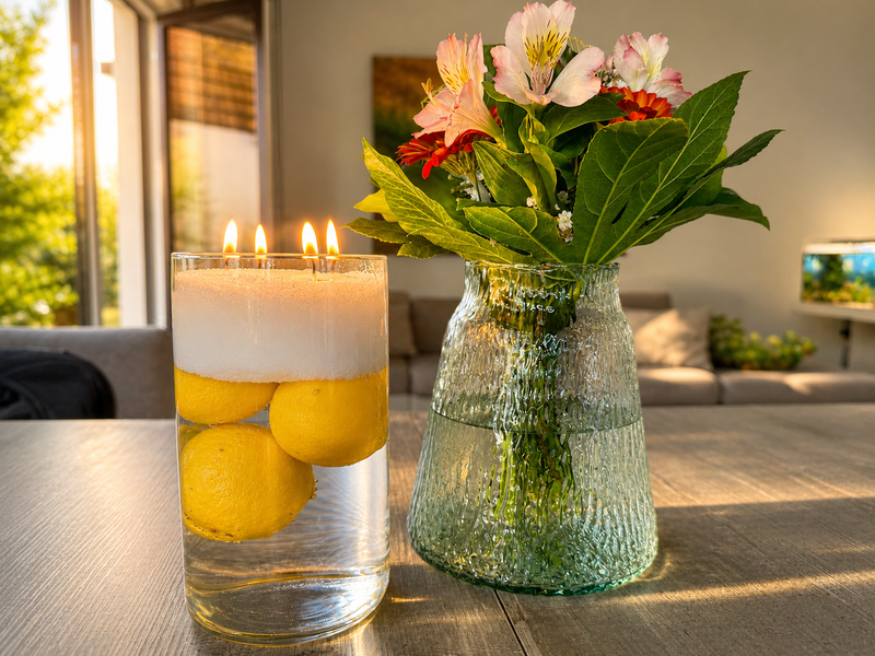 Glas mit Zitronen und vier Flammen als Kerze auf Holztisch, daneben Vase mit rosa und roten Blüten, warmes Sonnenlicht fällt durchs Fenster. | © Madeleine Liedke/ Generiert mit KI ( Verschönert mit ChatGPT) 