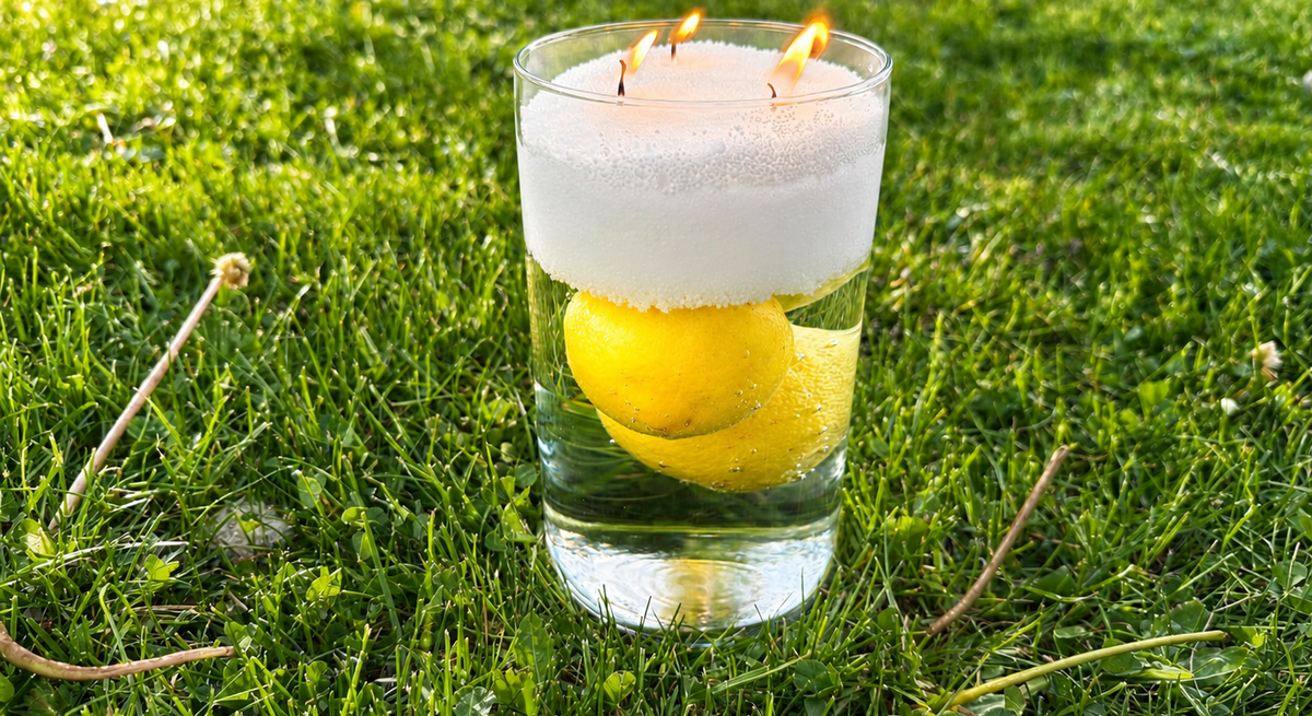 Ein Glas mit Wasser und gelber Zitrone steht auf grünem Rasen, darüber weißer Schaum mit drei brennenden Flammen im warmen Licht.
