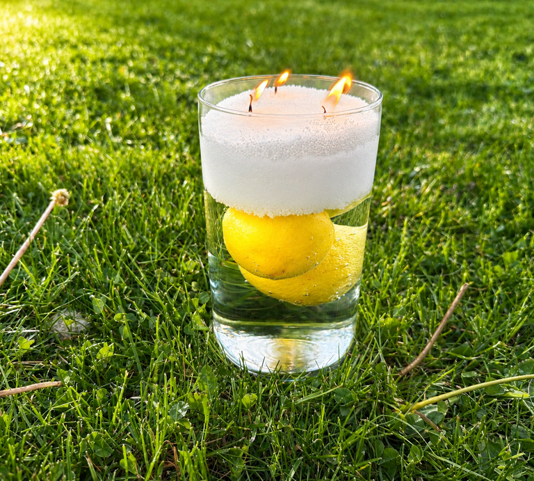 Ein Glas mit Wasser und gelber Zitrone steht auf grünem Rasen, darüber weißer Schaum mit drei brennenden Flammen im warmen Licht. | © Madeleine Liedke/ Generiert mit KI ( Verschönert mit ChatGPT) 