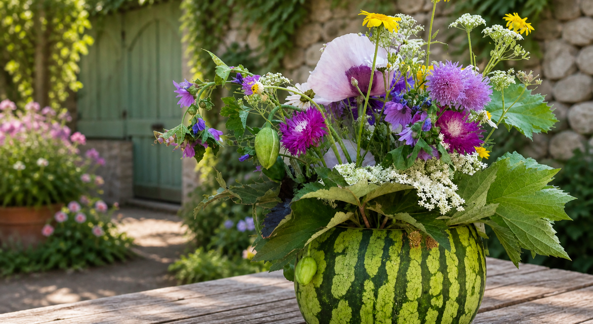 Farbenfroßer Wildblumenstrauß steckt in ausgehöhlter Wassermelone auf Holztisch vor Efeu, Steinmauer und grüner Tür.