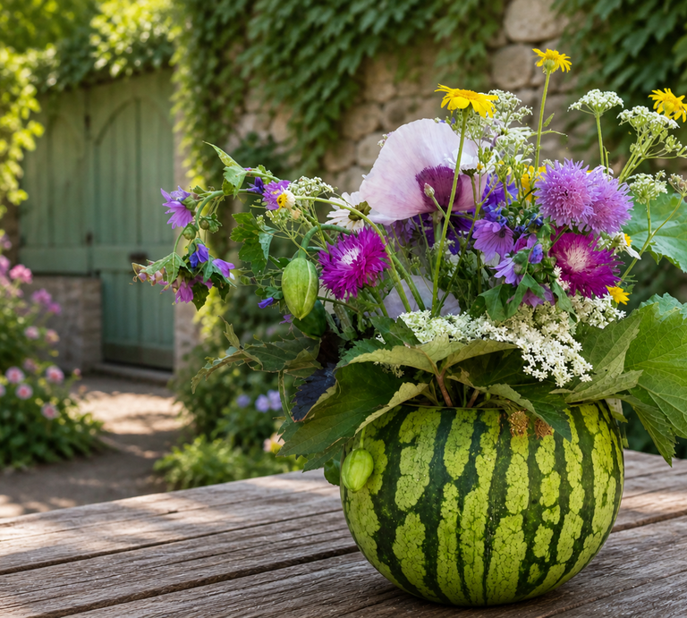 Farbenfroßer Wildblumenstrauß steckt in ausgehöhlter Wassermelone auf Holztisch vor Efeu, Steinmauer und grüner Tür. | © Erstellt mit KI (Generiert mit ChatGPT) 