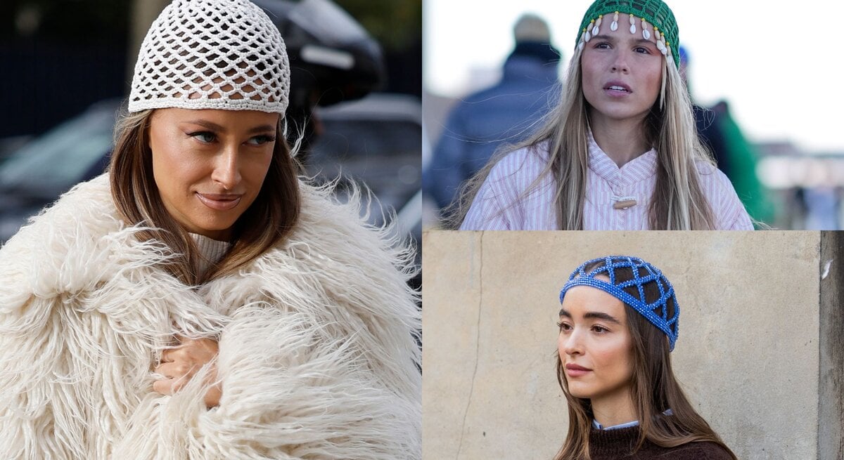 Eine Collage aus drei Frauen in eleganten Outfits, mit gehäkelten oder perlenbesetzten Hüten in Weiß, Grün und Blau, jeweils vor urbanem Hintergrund.