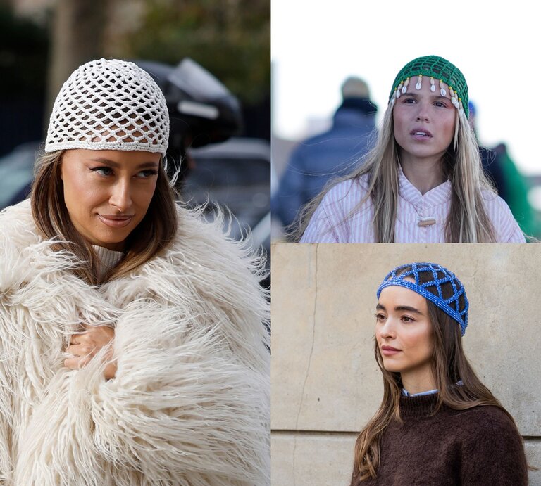 Eine Collage aus drei Frauen in eleganten Outfits, mit gehäkelten oder perlenbesetzten Hüten in Weiß, Grün und Blau, jeweils vor urbanem Hintergrund. | © Getty Images / Christian Vierig, Edward Berthelot, Claudio Lavenia und Canva [M]