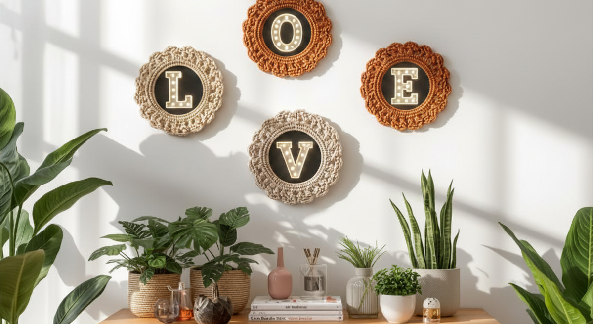 Helle Wand mit dekorativen gehäkelten Rahmen in Naturfarben, die das Wort "LOVE" zeigen, vor üppigen Zimmerpflanzen auf einem Holzsideboard. | © Canva / AI 