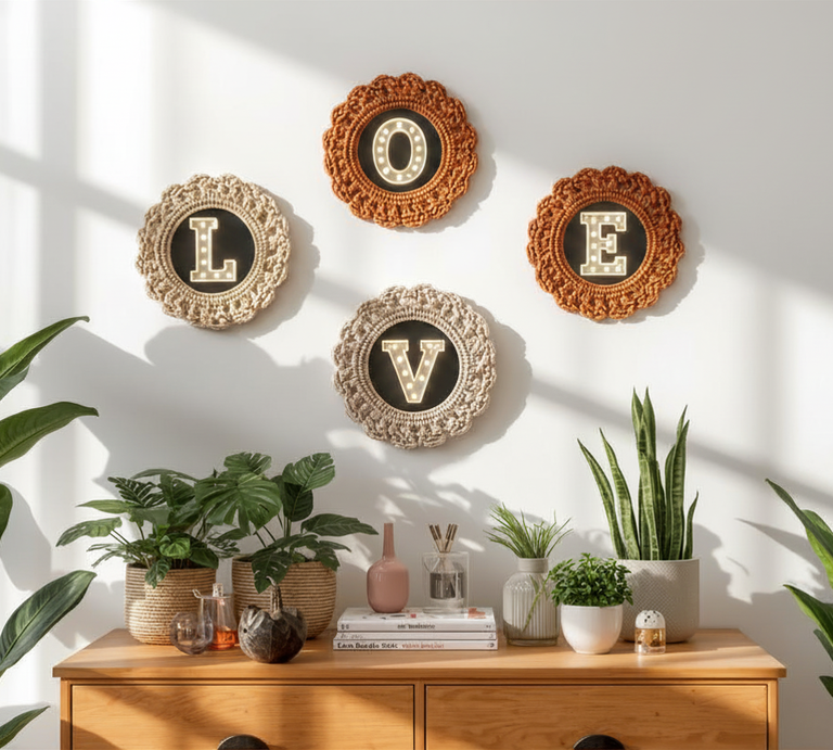Helle Wand mit dekorativen gehäkelten Rahmen in Naturfarben, die das Wort "LOVE" zeigen, vor üppigen Zimmerpflanzen auf einem Holzsideboard. | © Canva / AI 