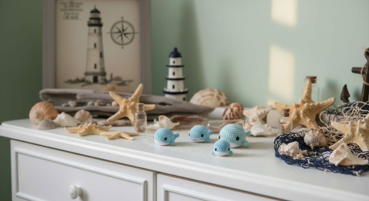 Dekorative maritime Szene mit gehäkelten blauen Delfinen, Muscheln, Seesternen und einem Mini-Leuchtturm auf weißem Kommodenuntergrund.