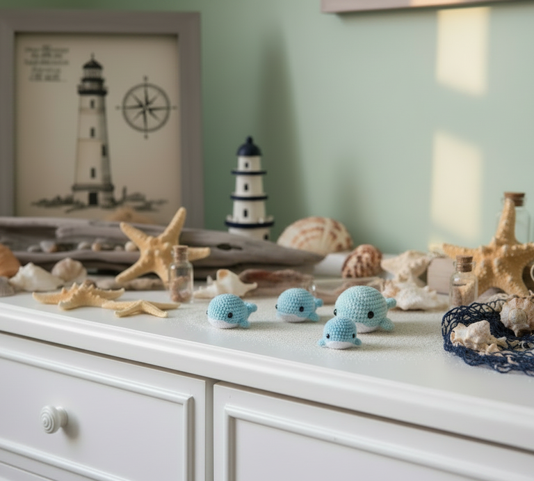 Dekorative maritime Szene mit gehäkelten blauen Delfinen, Muscheln, Seesternen und einem Mini-Leuchtturm auf weißem Kommodenuntergrund. | © AI