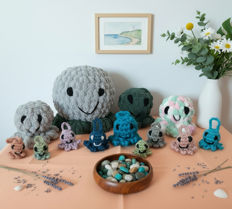 Bunte Kraken aus Wolle, von groß bis klein, gruppiert auf einem Tisch mit einer Holzschale voller Steine, dahinter eine Vase mit Blumen. | © privat / AI [M]