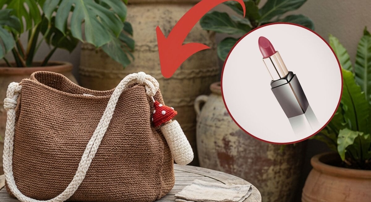 Braune gehäkelte Handtasche mit weißem Tragegurt, kleinem roten Pilzanhänger, stehend auf einem Holztisch vor Terrakottatöpfen und Pflanzen. | © Canva / AI [M]
