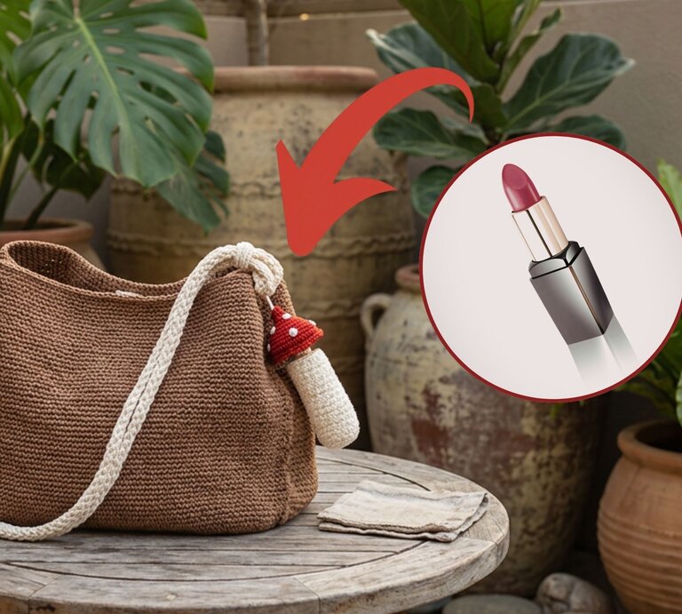 Braune gehäkelte Handtasche mit weißem Tragegurt, kleinem roten Pilzanhänger, stehend auf einem Holztisch vor Terrakottatöpfen und Pflanzen. | © Canva / AI [M]
