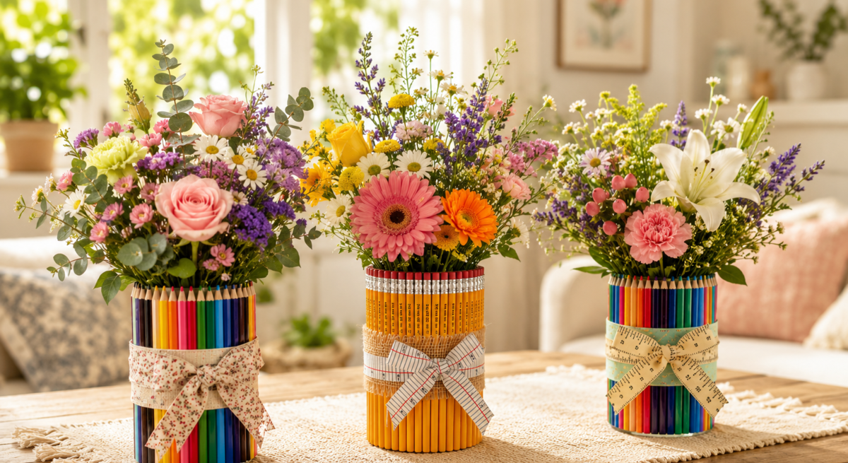 Drei bunte Blumensträuße in Vasen aus Farbstiften stehen dekorativ auf einem Holztisch im hellen Wohnzimmer.