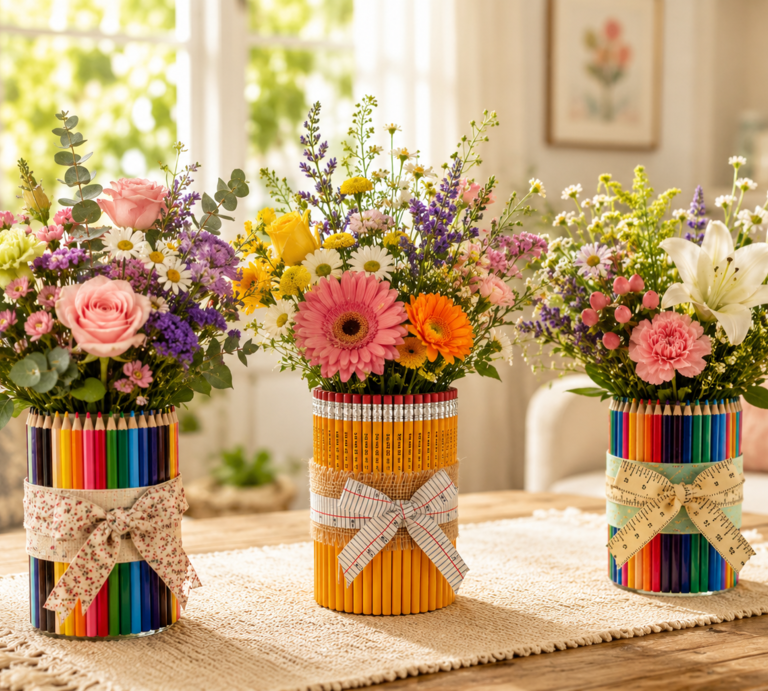Drei bunte Blumensträuße in Vasen aus Farbstiften stehen dekorativ auf einem Holztisch im hellen Wohnzimmer. | © Generiert mit KI (Erstellt mit ChatGPT) 