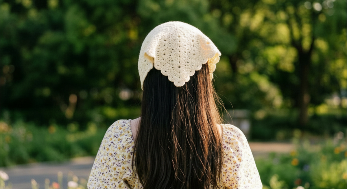 Eine Frau mit langen braunen Haaren steht im Sommerkleid mit floralen Mustern und gehäkeltem Kopftuch vor blühendem Garten.