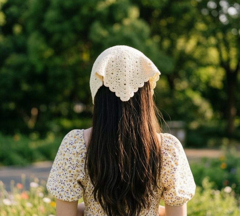 Eine Frau mit langen braunen Haaren steht im Sommerkleid mit floralen Mustern und gehäkeltem Kopftuch vor blühendem Garten. | © Canva / AI [M]