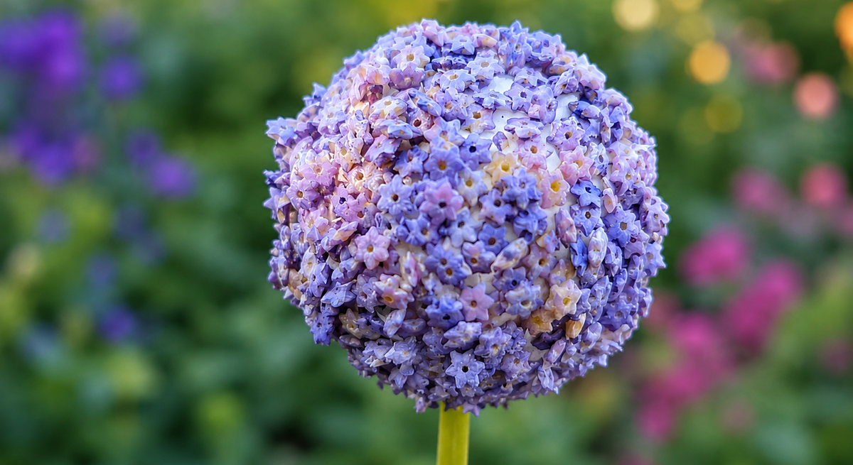 Kugelrunde Blüte aus violett und rosa gefärbten Sternchennudeln auf grünem Stiel vor weich verschwommenem Gartenhintergrund.