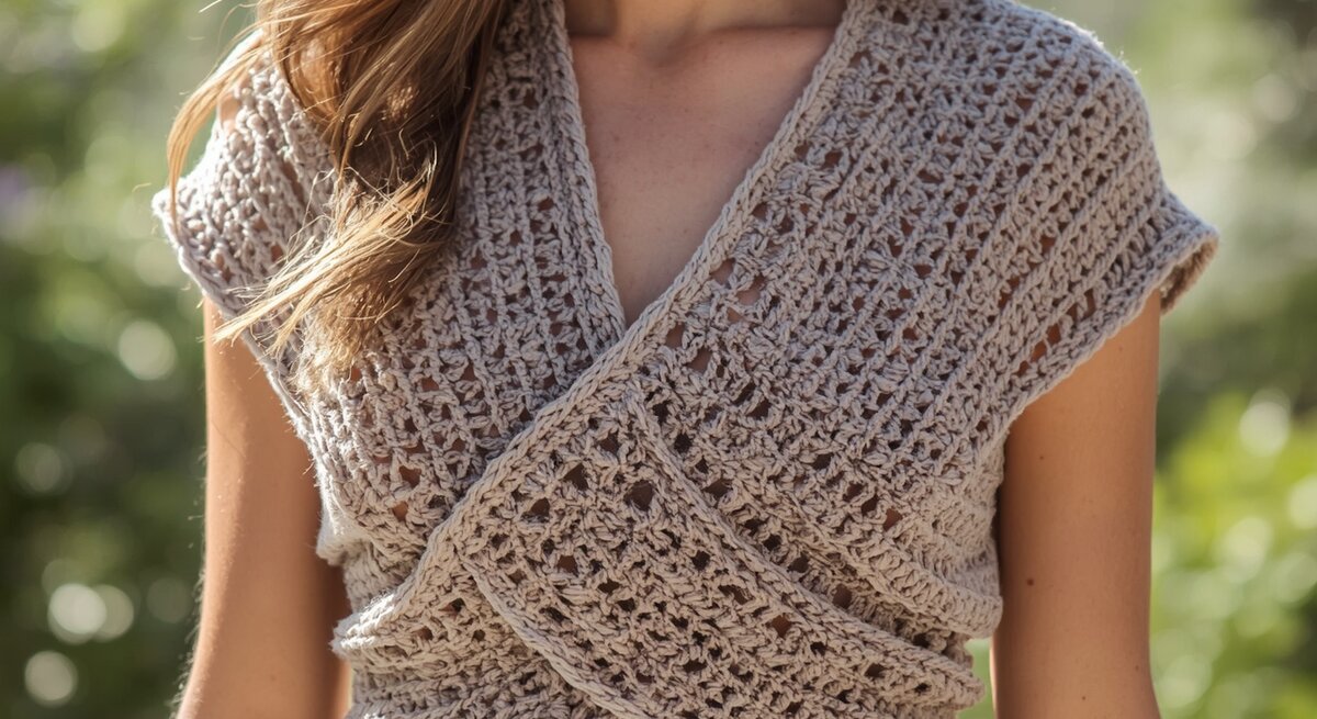 Detail eines handgefertigten, gestrickten beigefarbenen Tops mit Wickeldesign, im Hintergrund verschwommene Natur und Sonnenschein.