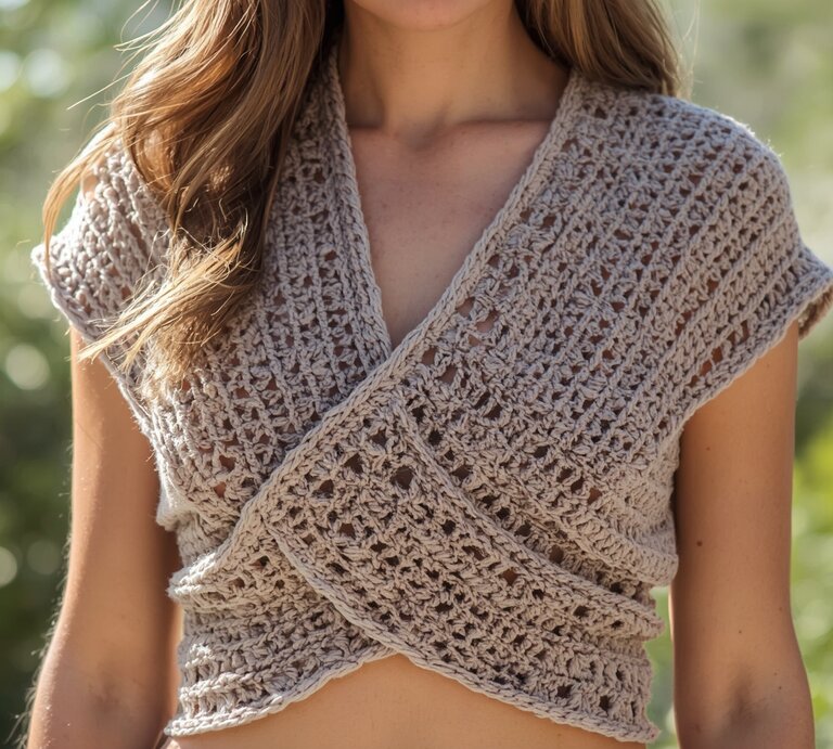 Detail eines handgefertigten, gestrickten beigefarbenen Tops mit Wickeldesign, im Hintergrund verschwommene Natur und Sonnenschein. | © Canva / AI [M]