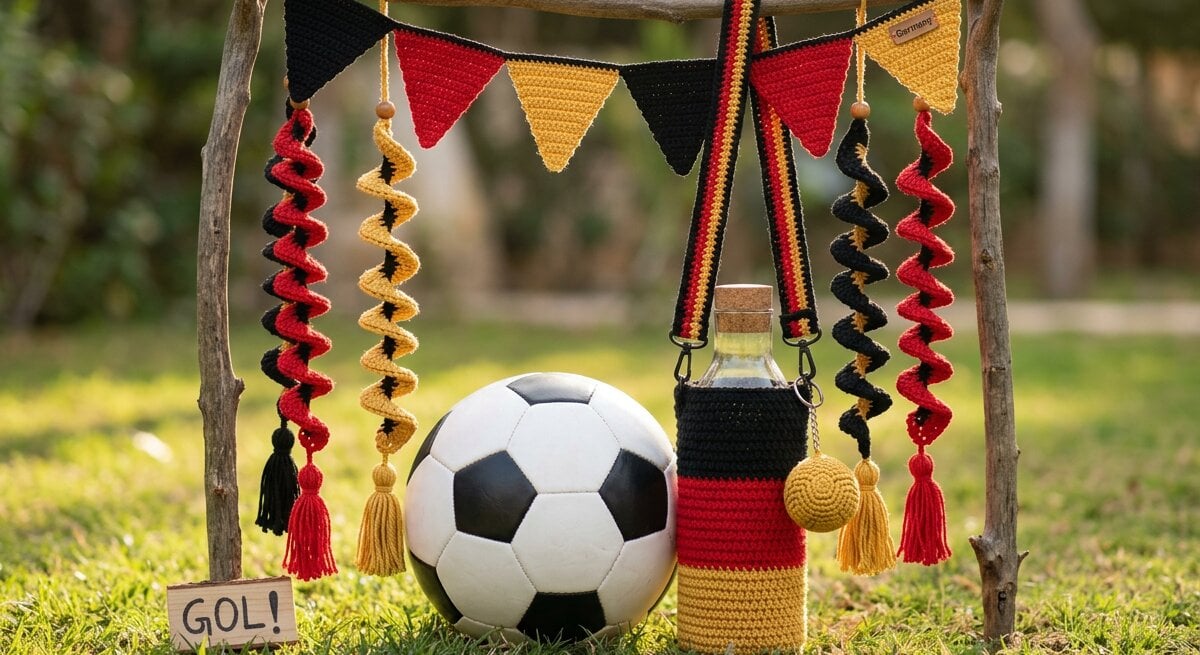 Fußball und Flasche in schwarz-rot-gelber Hülle stehen vor Holzgestell mit farblich passenden Wimpeln und Spiraltroddeln auf grüner Wiese.