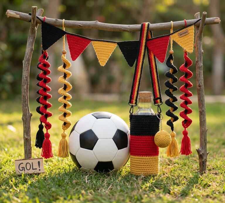 Fußball und Flasche in schwarz-rot-gelber Hülle stehen vor Holzgestell mit farblich passenden Wimpeln und Spiraltroddeln auf grüner Wiese. | © Canva / AI [M]