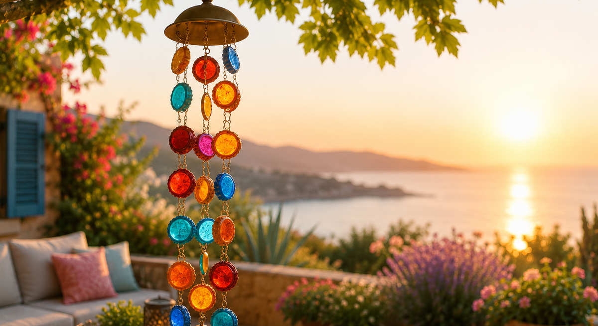 Buntes Windspiel aus Glas hängt unter grünen Ahornblättern über einer blühenden Terrasse mit Meerblick im Abendlicht.