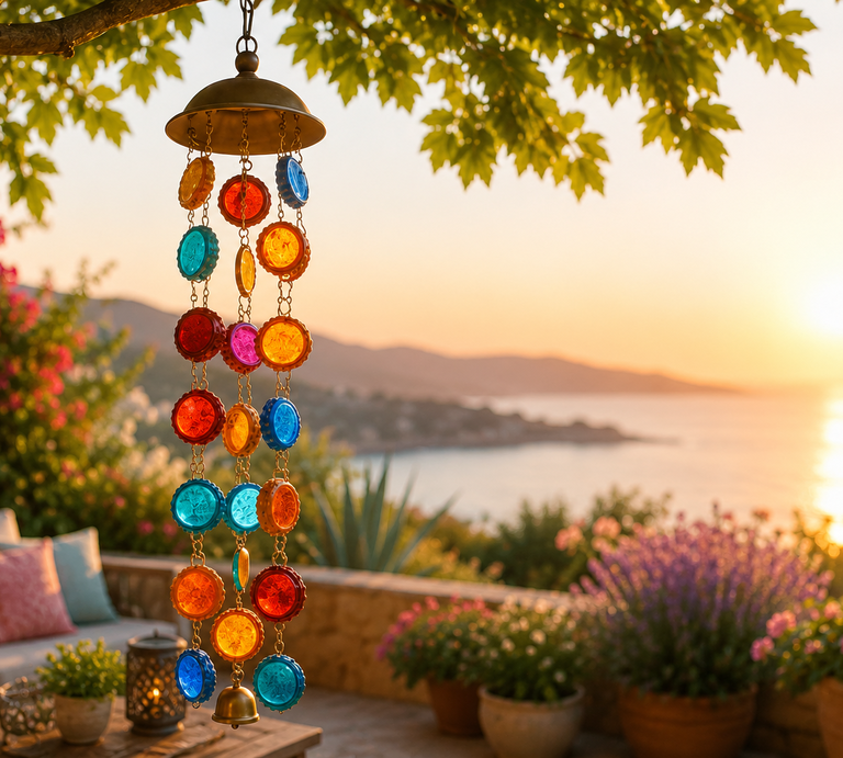 Buntes Windspiel aus Glas hängt unter grünen Ahornblättern über einer blühenden Terrasse mit Meerblick im Abendlicht. | © Generiert mit KI (Erstellt mit ChatGPT) 