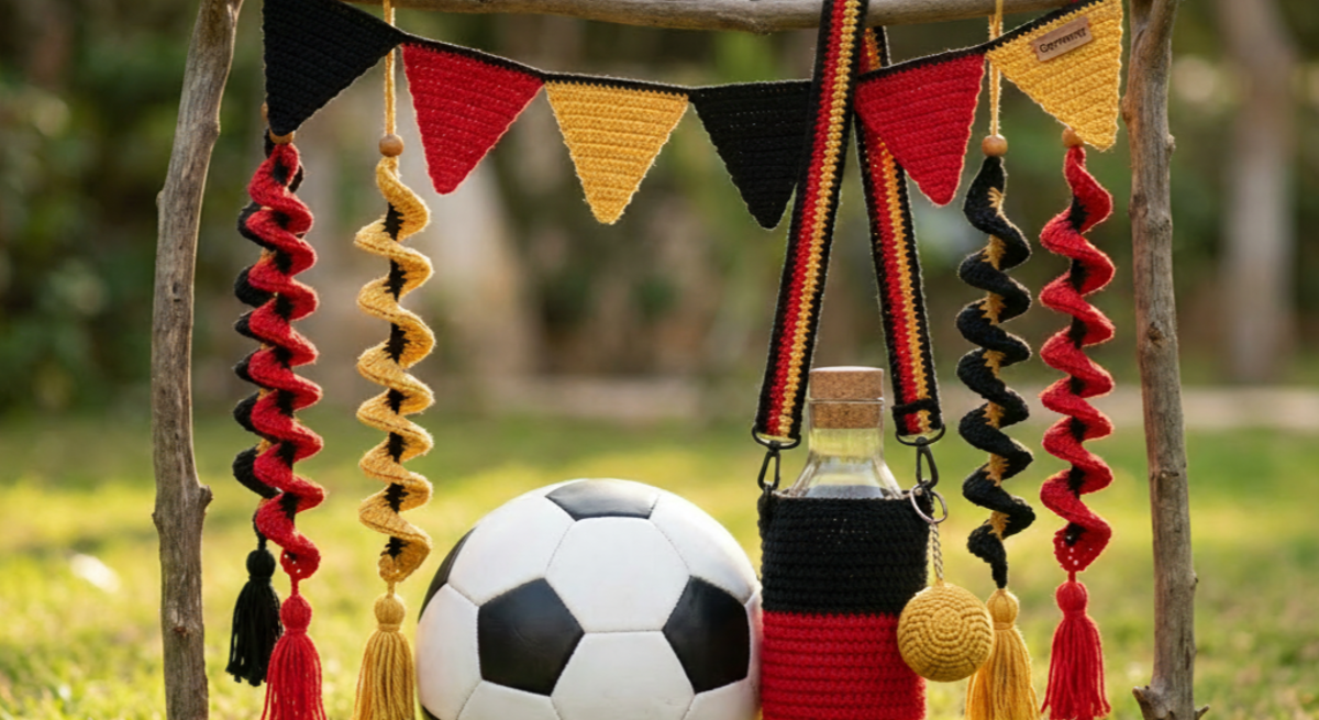 Fußball und Flasche in schwarz-rot-gelber Hülle stehen vor Holzgestell mit farblich passenden Wimpeln und Spiraltroddeln auf grüner Wiese.