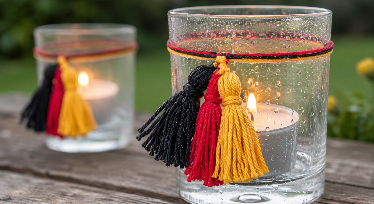 Windlicht mit brennender Kerze in regennassem Glas, verziert mit schwarzen, roten und gelben Quasten auf Holztisch im Garten.