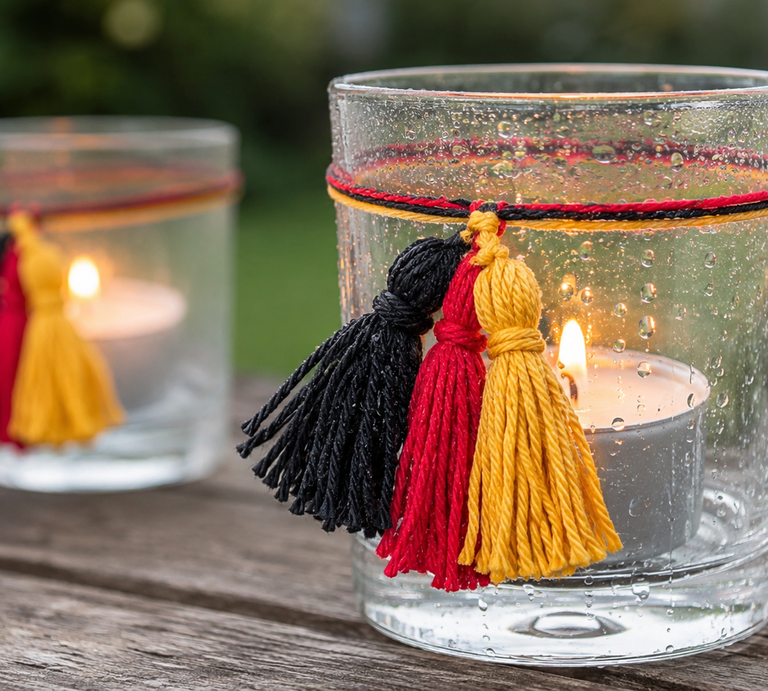 Windlicht mit brennender Kerze in regennassem Glas, verziert mit schwarzen, roten und gelben Quasten auf Holztisch im Garten. | © Generiert mit KI (Erstellt mit ChatGPT) 