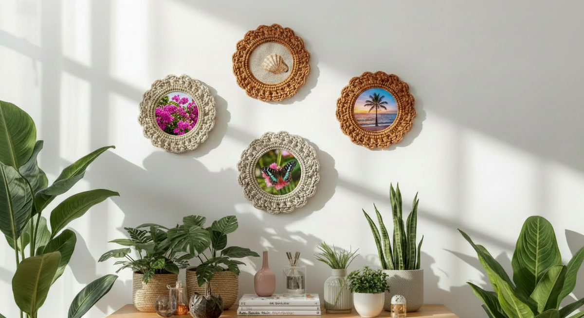 Helle Wand mit dekorativen gehäkelten Rahmen in Naturfarben, die Urlaubsmotive zeigen, vor üppigen Zimmerpflanzen auf einem Holzsideboard.