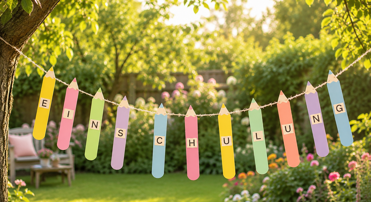 Bunte Buntstift-Girlande mit dem Schriftzug „Einschulung“ hängt zwischen Bäumen in einem sonnigen, blühenden Garten.