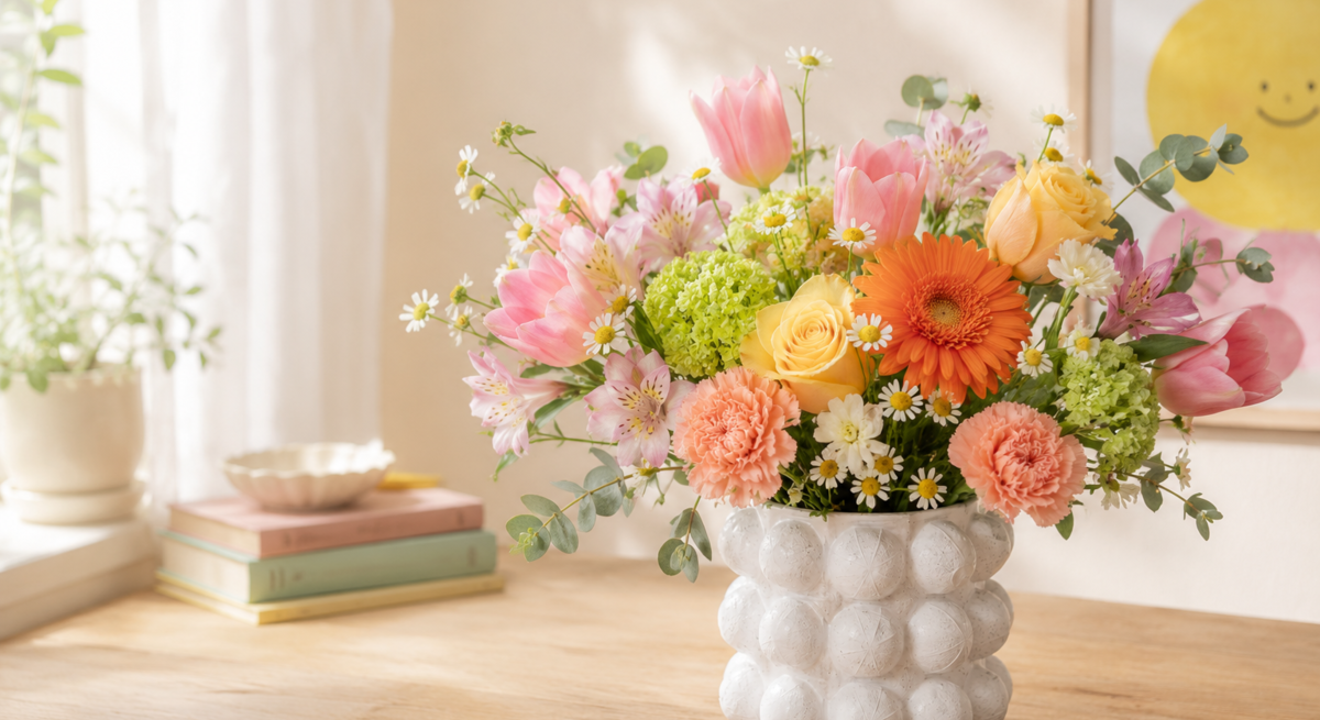 Farbenfroßer Frühlingsstrauß mit rosa Tulpen, gelben Rosen und orangefarbener Gerbera in weißer Vase auf Holztisch.