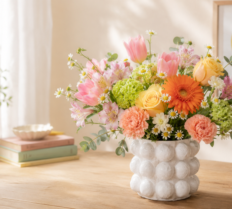 Farbenfroßer Frühlingsstrauß mit rosa Tulpen, gelben Rosen und orangefarbener Gerbera in weißer Vase auf Holztisch. | © Generiert mit KI (Erstellt mit ChatGPT) 