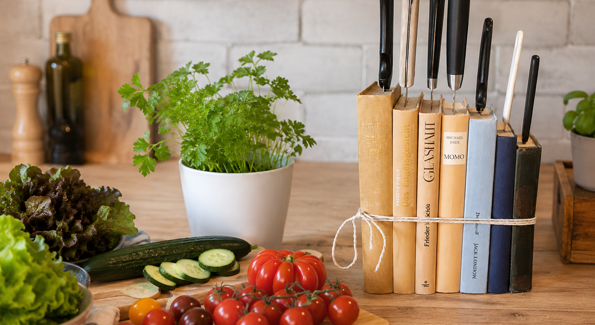 Bunte Salatzutaten auf rustikalem Küchentisch, daneben Petersilie und ein Messerblock aus alten Büchern.