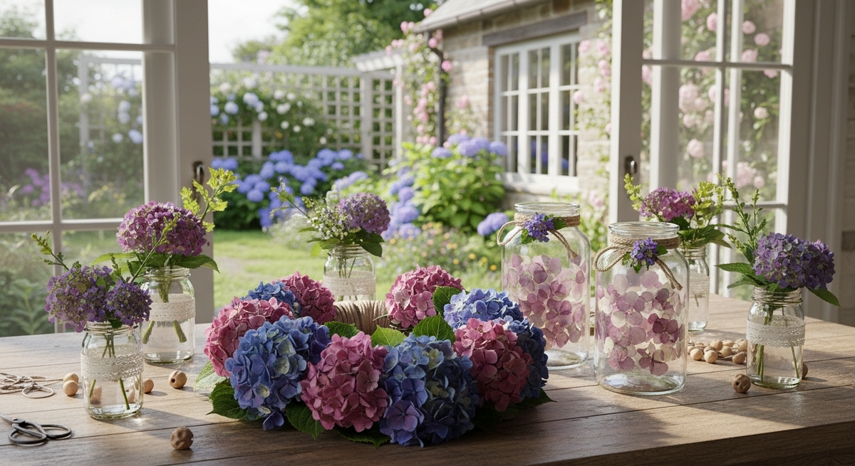 Hortensienkranz in Blau und Rosa auf Holztisch, umgeben von Glasvasen und Blüten vor sonnigem Cottagegarten im Sommer.