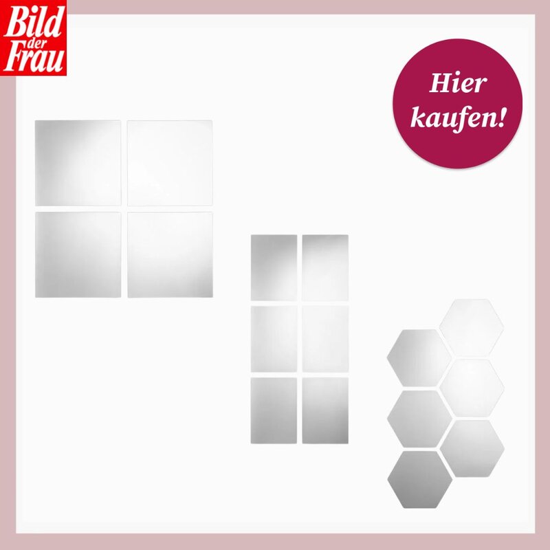 Vier quadratische und sechs rechteckige Spiegelfliesen sowie sechseckige Spiegelaufkleber auf hellem Hintergrund, daneben Kaufhinweis. | © Lidl/Canva/Collage:bildderfrau.de