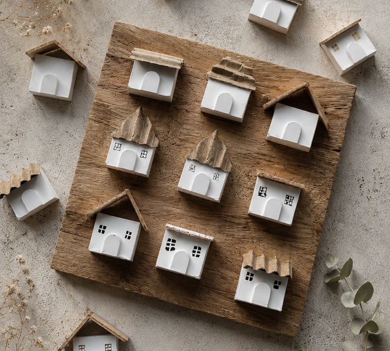 Aus Ferrero Küsschen gebastelte weiße Miniaturhäuser mit verschiedenen Dächern liegen dekorativ auf einem Holzbrett zwischen Trockenblumen. | © Generiert mit KI (Erstellt mit ChatGPT) 