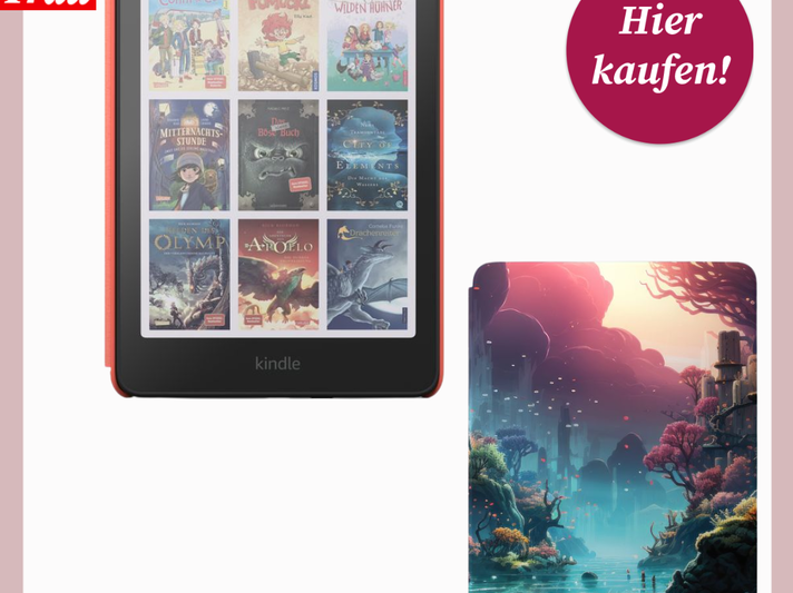 Ein roter Kindle zeigt neun bunte Kinder- und Jugendbuchcover, daneben ein Gerät mit fantasievoller, leuchtender Traumlandschaft. | © Canva/Amazon/Collage:bildderfrau.de
