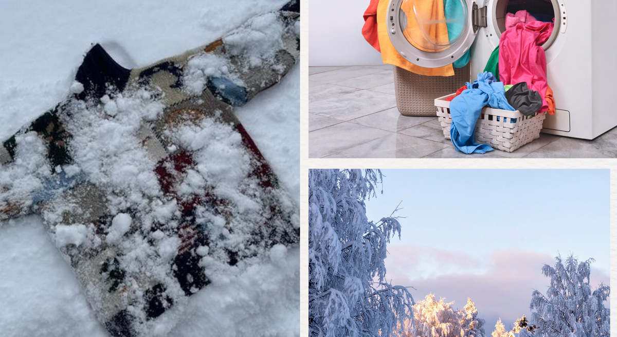 Bunter eingelaufener Woll-Pullover liegt schneebedeckt im Schnee, daneben Winterwald mit Hütte und Wäschekorb vor Waschmaschine.