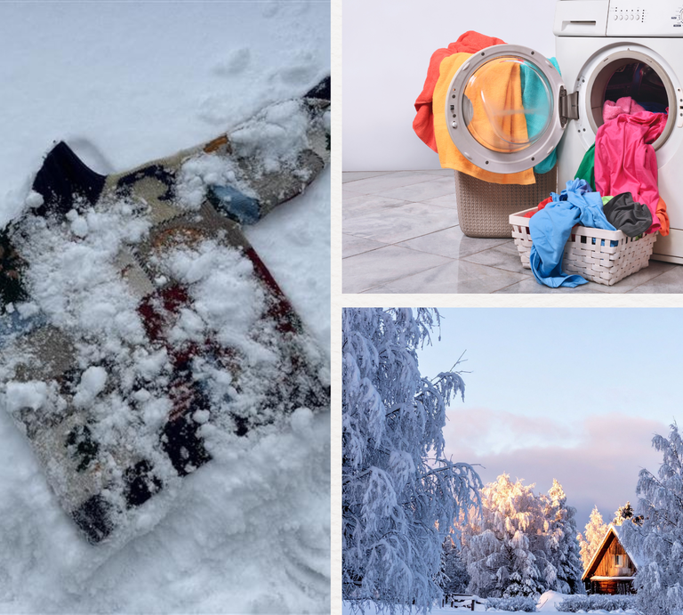 Bunter eingelaufener Woll-Pullover liegt schneebedeckt im Schnee, daneben Winterwald mit Hütte und Wäschekorb vor Waschmaschine. | © Canva/Collage:bildderfrau.de