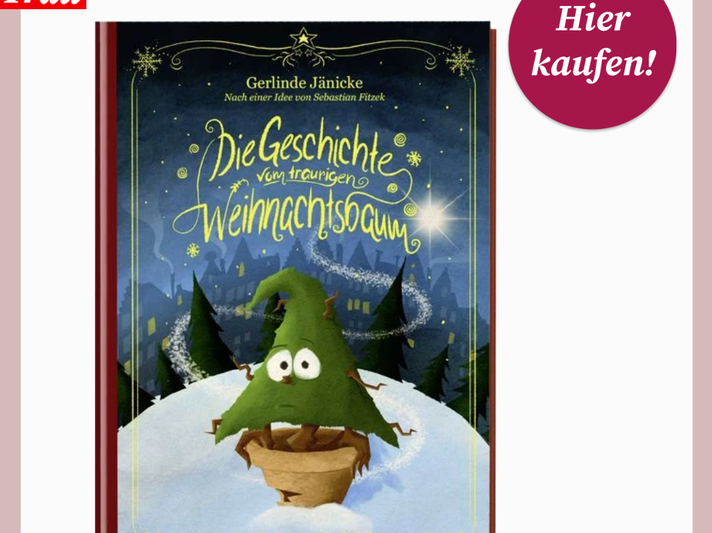 Buchcover mit gezeichnetem traurigen Weihnachtsbaum mit großen Augen im Schnee vor nächtlicher Stadtkulisse mit Sternenhimmel. | © Thalia/Canva/Collage:bildderfrau.de