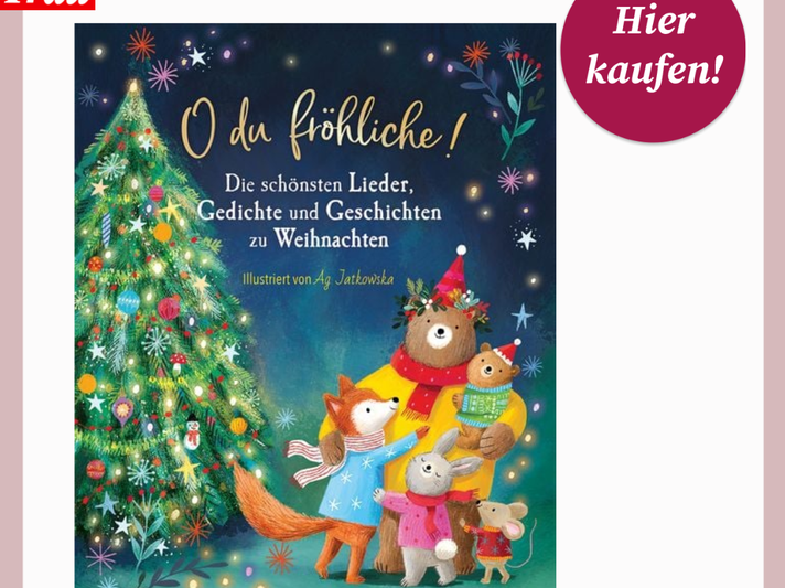 Buntes Kinderbuchcover mit fröhlichen Tieren vor geschmücktem Weihnachtsbaum und dem Titel „O du fröhliche!“ in Goldschrift. | © Thalia/Canva/Collage:bildderfrau.de