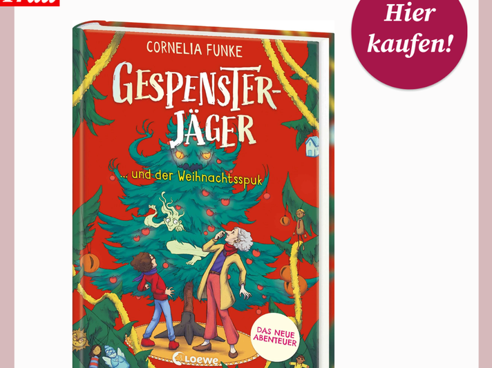 Buntes Kinderbuch „Gespensterjäger und der Weihnachtsspuk“ mit gezeichnetem Spukbaum und zwei erschrockenen Figuren davor. | © Thalia/Canva/Collage:bildderfrau.de